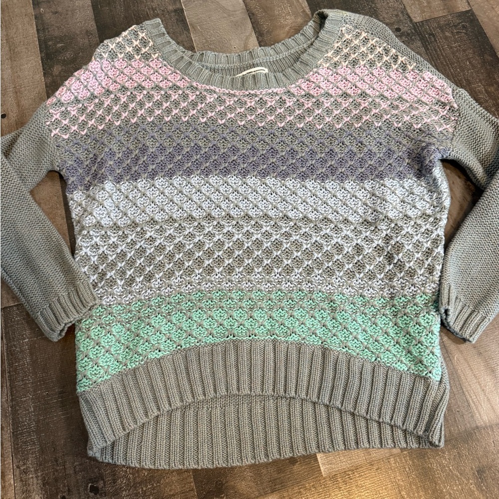 American Eagle Gray Pink Mint Chunky Knit Sweater‎ Whimsical Cozy